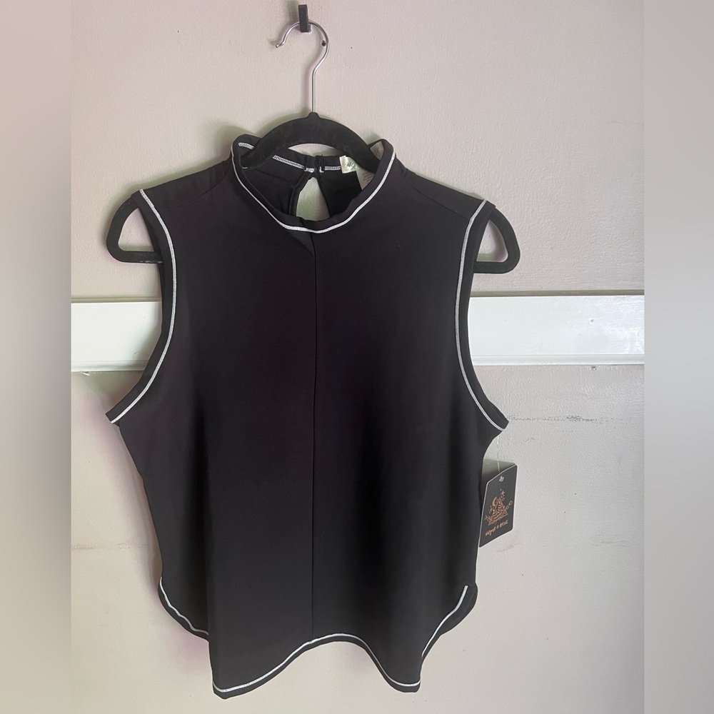 Sleeveless Black Tank Top with White Piping and Mock Neck